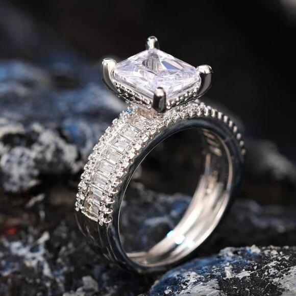 14k White Gold Diamond Ring Baguette & Emerald Cut Ring Band - Picture 6 of 10